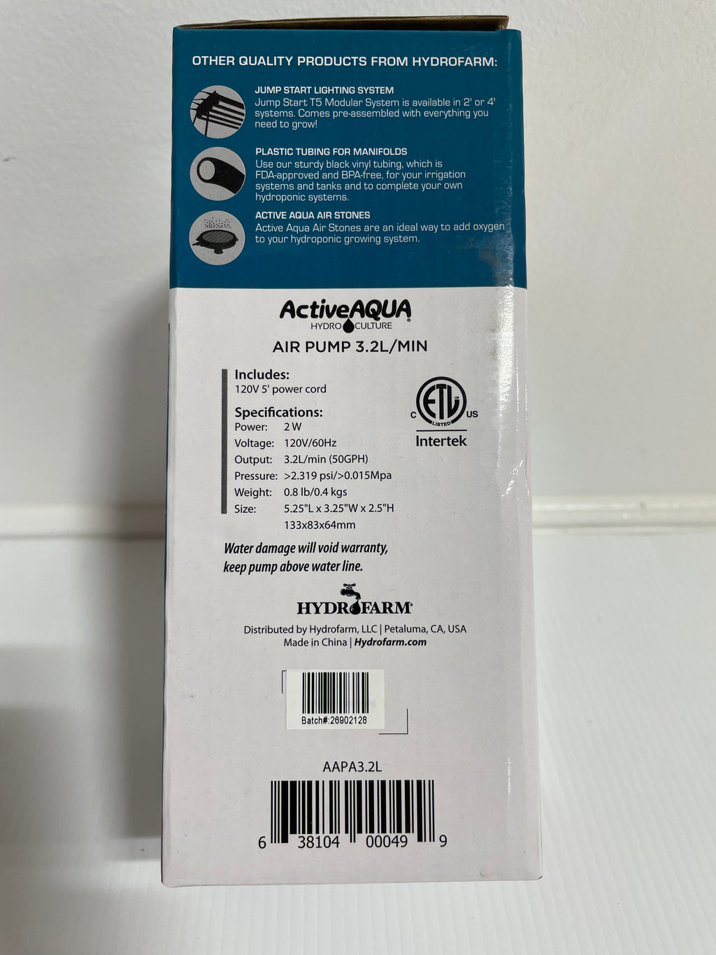 Pompe à air 3,2L (50 gph) active aqua