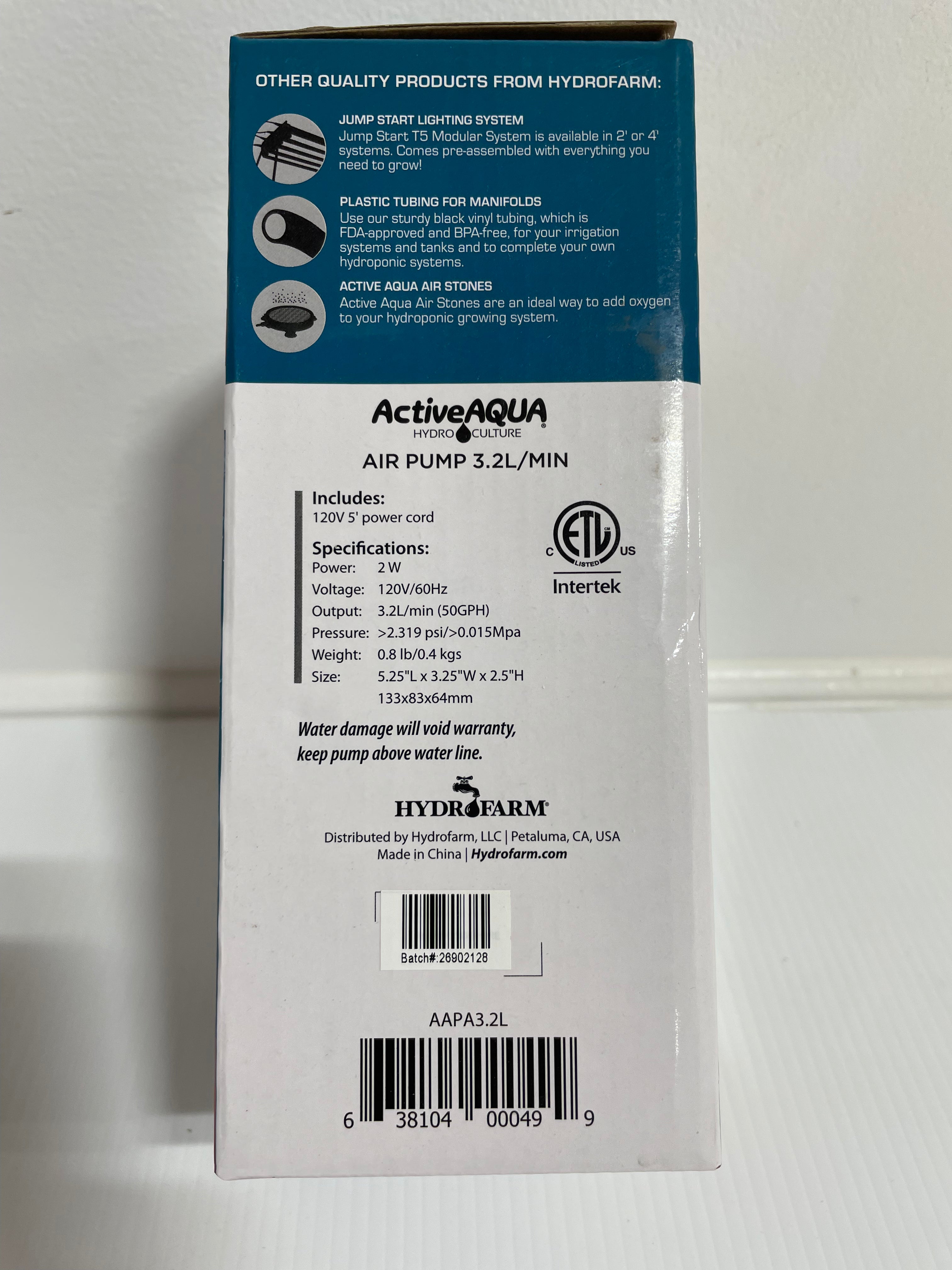 Pompe à air 3,2L (50 gph) active aqua